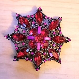 Vintage Pin Brooch Oxidized Round Star Burst Design Red & Pink Rhinestones